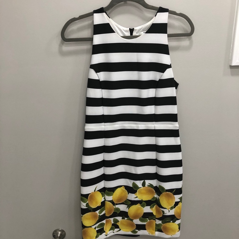 Milly Black and White Striped Mini Dress with Yellow Lemons